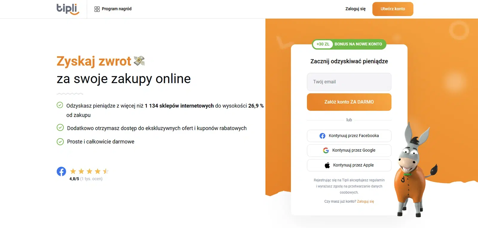 Strona główna Tipli – zyskaj cashback za zakupy online i odbierz 30 zł bonusu na start. Formularz rejestracji po prawej stronie i maskotka osioł w pomarańczowej koszulce.