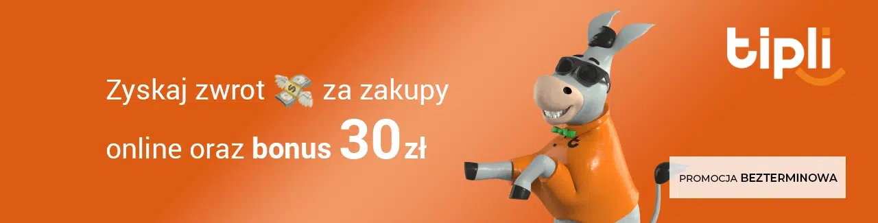 Tipli – zyskaj cashback za zakupy online i odbierz bonus 30 zł na start. Na obrazku maskotka osła w okularach przeciwsłonecznych oraz logo serwisu Tipli na pomarańczowym tle.