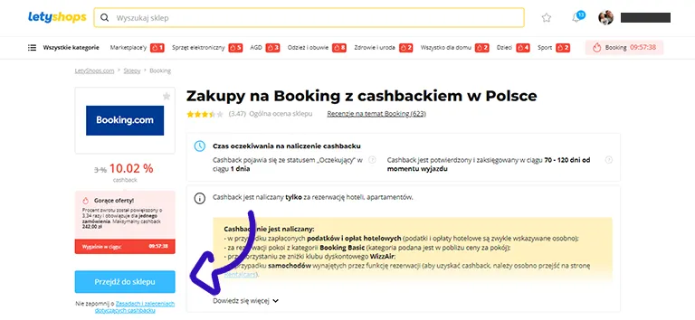Za pomocą przycisku przejdź na Booking.com i odbierz cashback 10% na najbliższy wyjazd