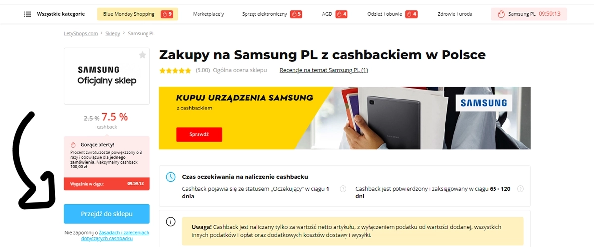 Przejdź do Samsung PL i odbierz cashback 7,5%