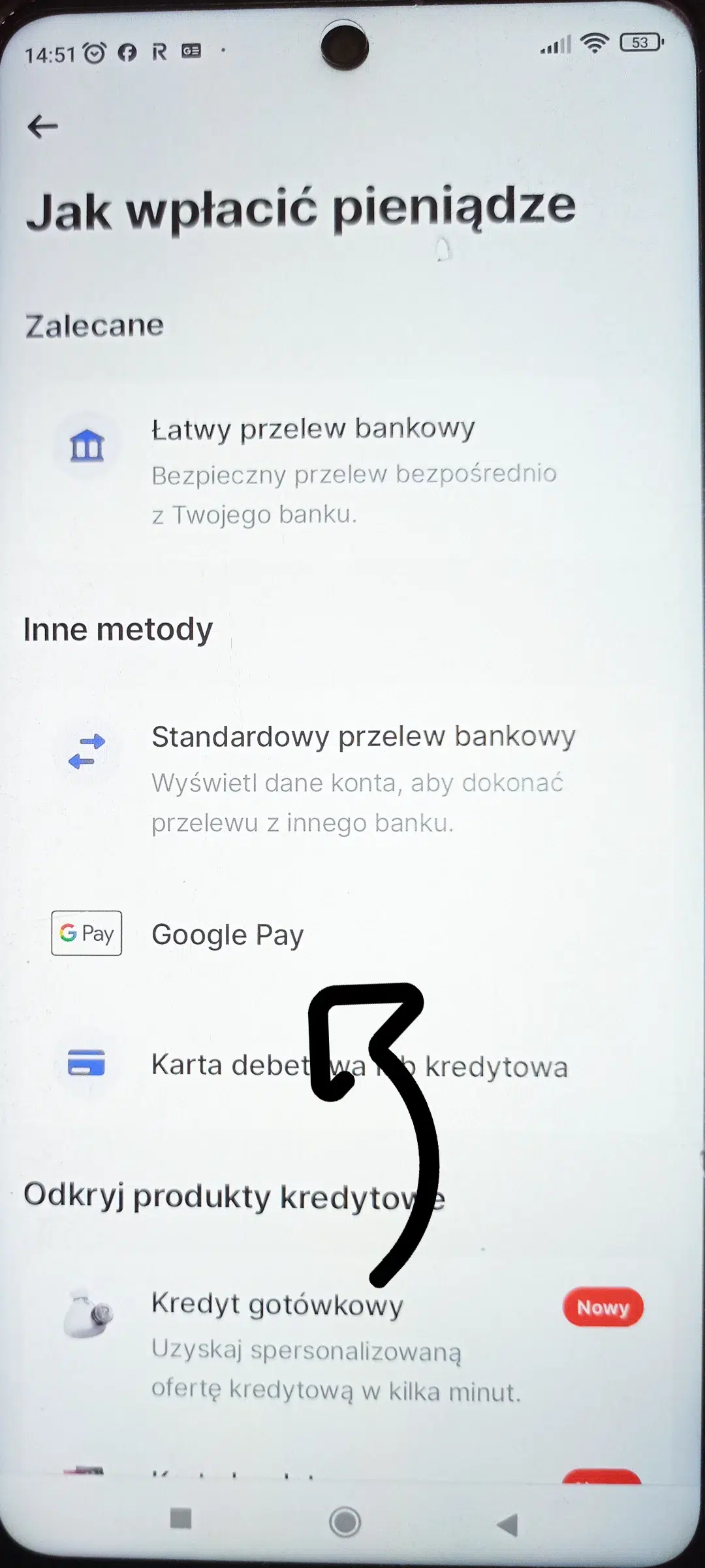 Krok 1 - Wybierz opcję "Google Pay / Apple Pay" w aplikacji Revolut