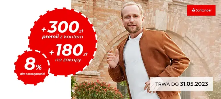 Otwórz konto osobiste w Santander Bank Polska i odbierz nawet 480 zł premii. Promocja trwa do 31 maja 2023. Piotr Adamczyk w brązowej kurtce z białym t-shirtem.