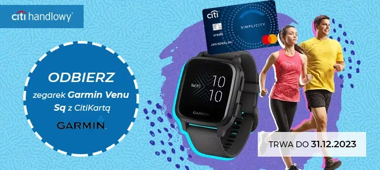 Odbierz zegarek Garmin Venu Sq w promocji karty kredytowej w CitiBanku. Promocja trwa do 31 grudnia 2023.