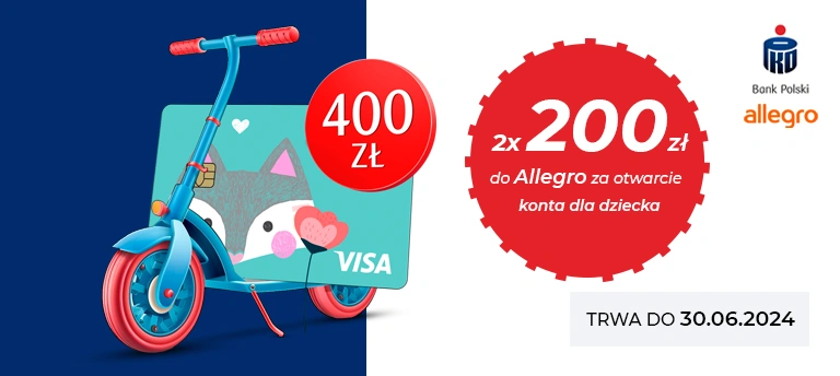 Otwórz dziecku do 13 lat konto w PKO Banku Polskim i odbierz 200 zł do Allegro. Promocja trwa do 30 czerwca 2024 r.