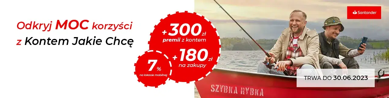 Otwórz w promocji konto osobiste w Santander Bank Polska i odbierz 480 zł w czerwcu 2023. Piotr Adamczyk łowi ryby na łódce.