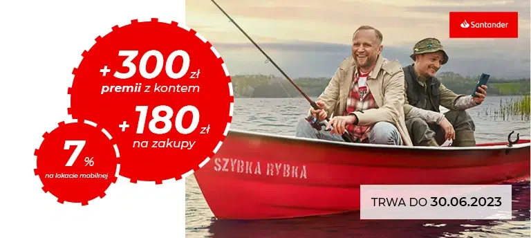 Otwórz w promocji konto osobiste w Santander Bank Polska i odbierz 480 zł w czerwcu 2023. Piotr Adamczyk łowi ryby na łódce.