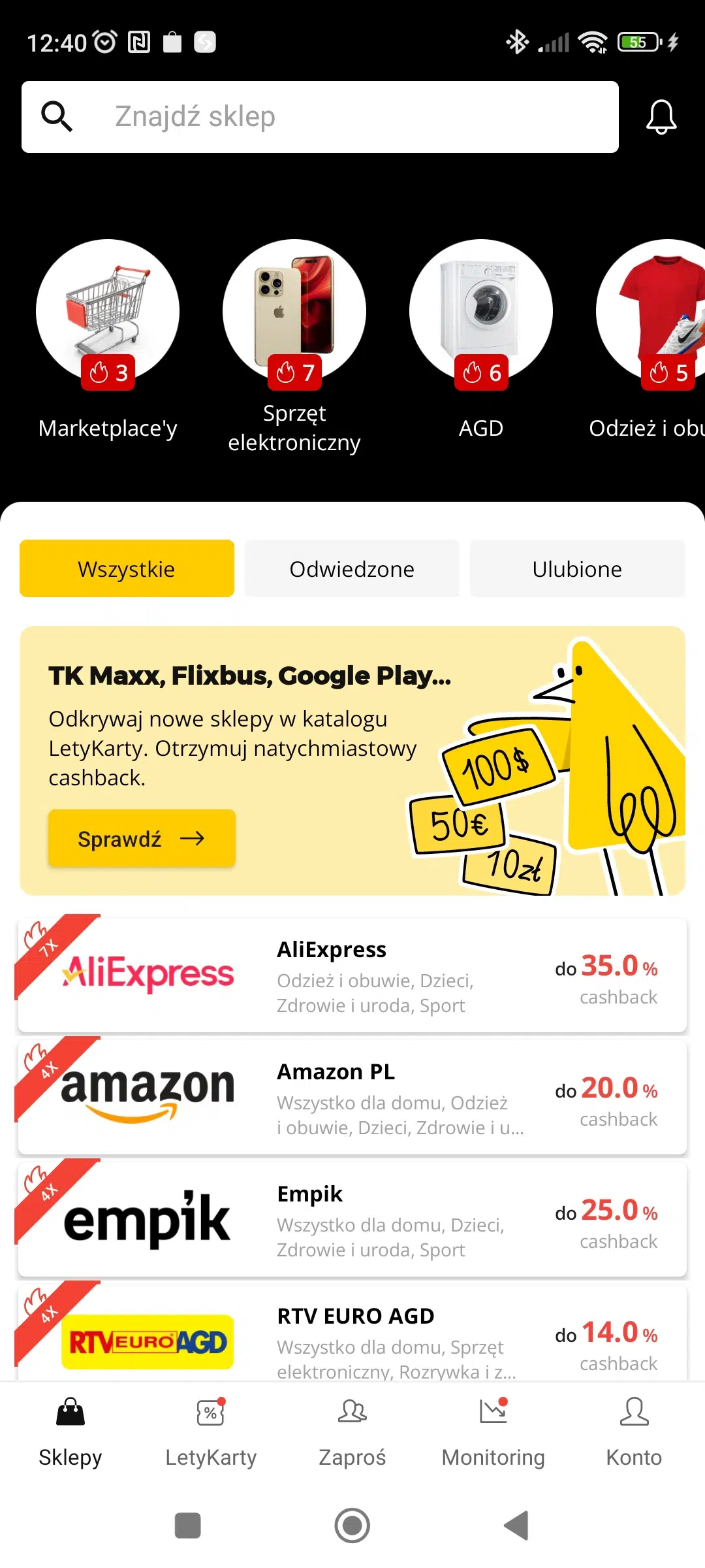 Widok aplikacji LetyShops – wyszukiwarka sklepów, kategorie Marketplace, elektronika i AGD oraz lista sklepów z podwyższonym cashbackiem, m.in. AliExpress, Amazon, Empik i RTV Euro AGD.