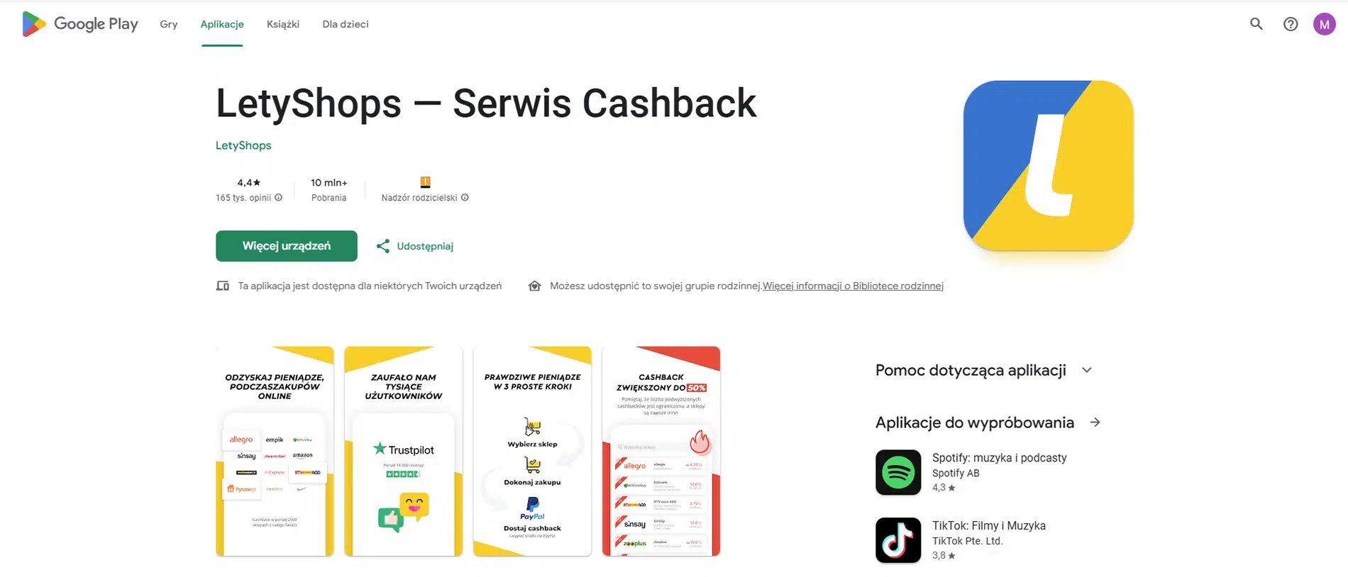 Strona aplikacji LetyShops w Google Play – opis serwisu cashback, ocena 4.4, ponad 10 mln pobrań oraz podgląd ekranów aplikacji z informacjami o zwrotach za zakupy.