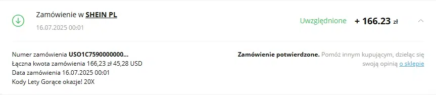 Potwierdzony cashback z SHEIN w LetyShops – zwrot 166,23 zł za zamówienie o wartości 166,23 zł (promocja 100% cashback).