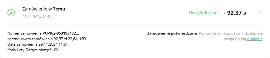 Potwierdzony cashback z TEMU w LetyShops – zwrot 92,37 zł za zamówienie o wartości 92,37 zł (promocja 100% cashback).
