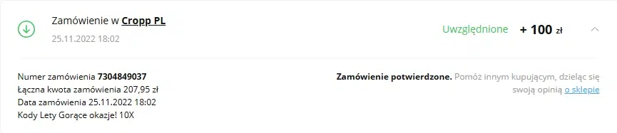 Potwierdzony cashback z Cropp w LetyShops – zwrot 100 zł za zamówienie o wartości 207,95 zł (promocja z kodem Lety Gorące okazje 10X).