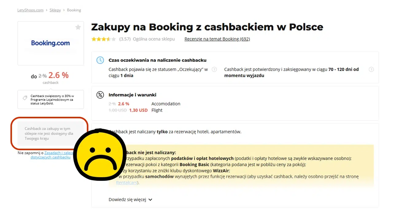 Strona Booking.com w LetyShops z komunikatem ‘Cashback za zakupy w tym sklepie nie jest dostępny dla Twojego kraju’ oraz smutną emotikoną – brak możliwości uzyskania cashbacku w Polsce.