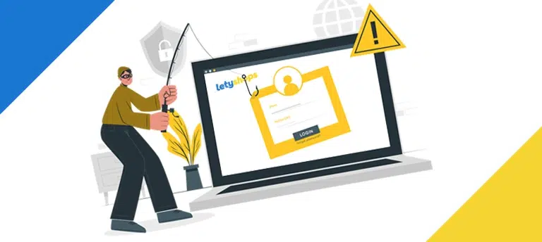 Ilustracja osoby wyciągającej haczyk z ekranu laptopa z panelem logowania LetyShops – symbol zapytania o bezpieczeństwo i wątpliwości użytkowników.