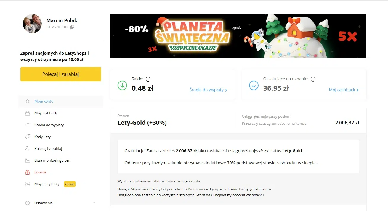 Panel użytkownika LetyShops – saldo cashbacku, oczekujące środki, status Lety-Gold +30% oraz łączna kwota zgromadzonych zwrotów 2 006,37 zł.
