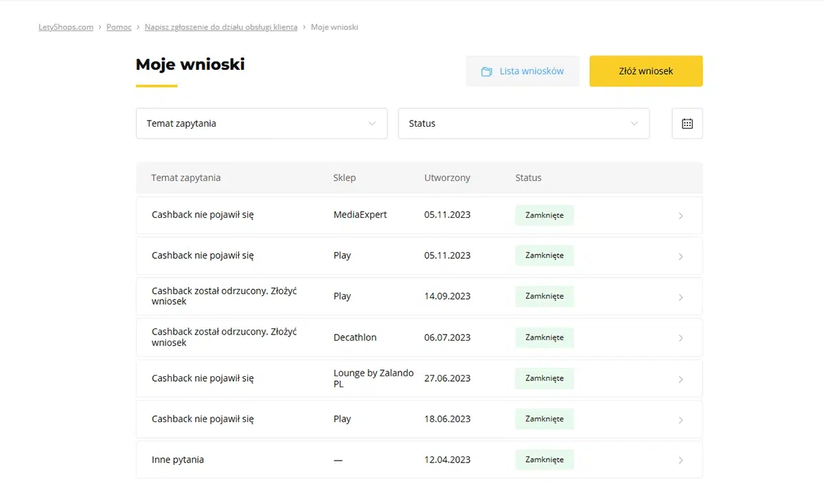 Lista zgłoszeń w LetyShops – historia wniosków o brak naliczenia cashbacku z różnych sklepów (MediaExpert, Play, Decathlon, Lounge by Zalando) ze statusem ‘Zamknięte’.