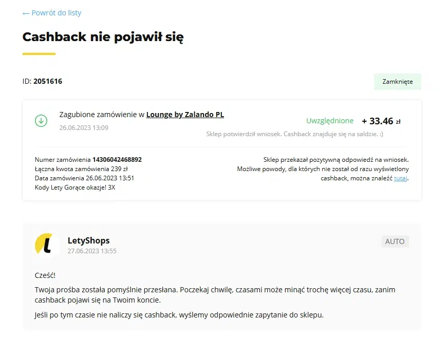 Panel LetyShops – zgłoszenie ‘Cashback nie pojawił się’ dla zamówienia w Lounge by Zalando PL, pozytywnie rozpatrzone i naliczone 33,46 zł cashbacku.