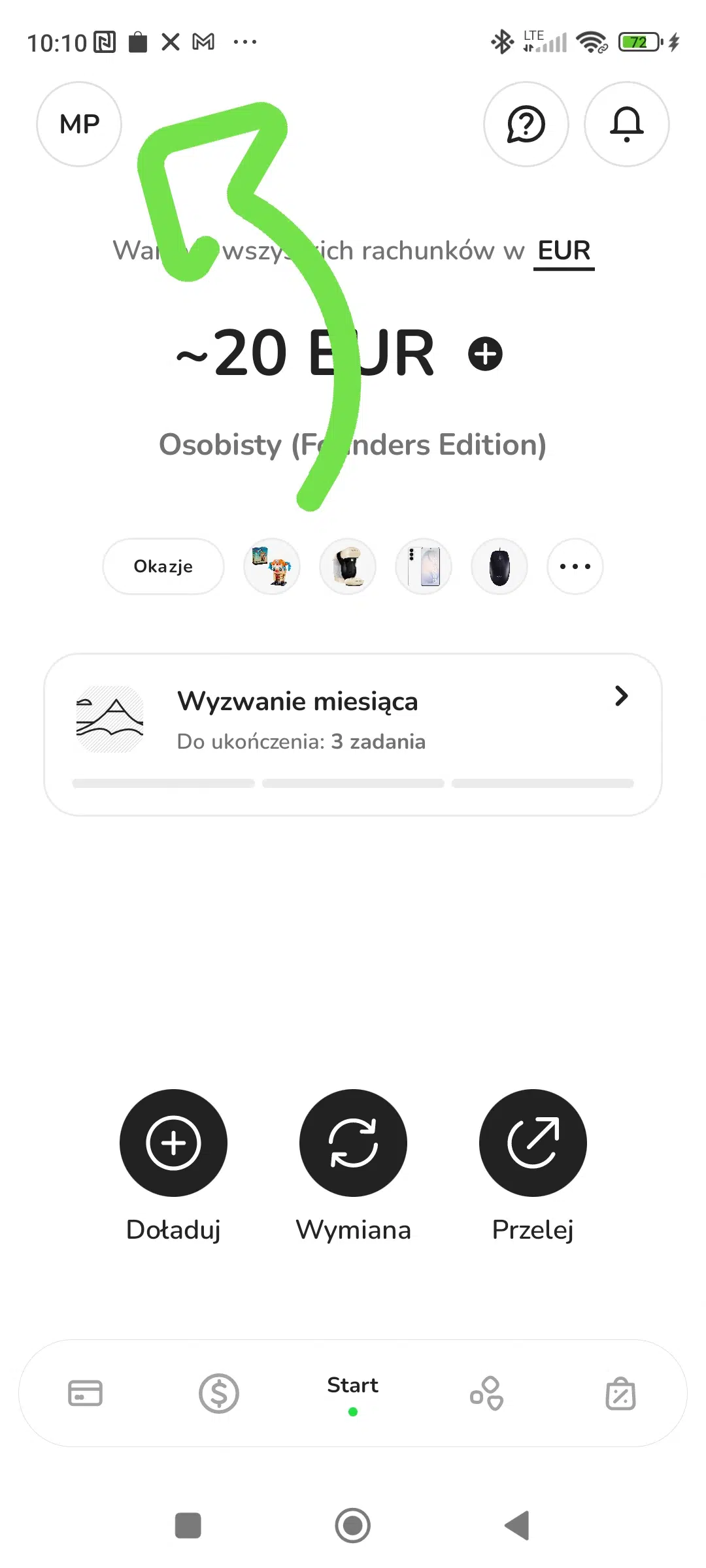 Zrzut ekranu z aplikacji ZEN przedstawiający ekran główny konta. Zielona strzałka wskazuje ikonę profilu użytkownika, od której rozpoczyna się przejście do programu poleceń dla firm.