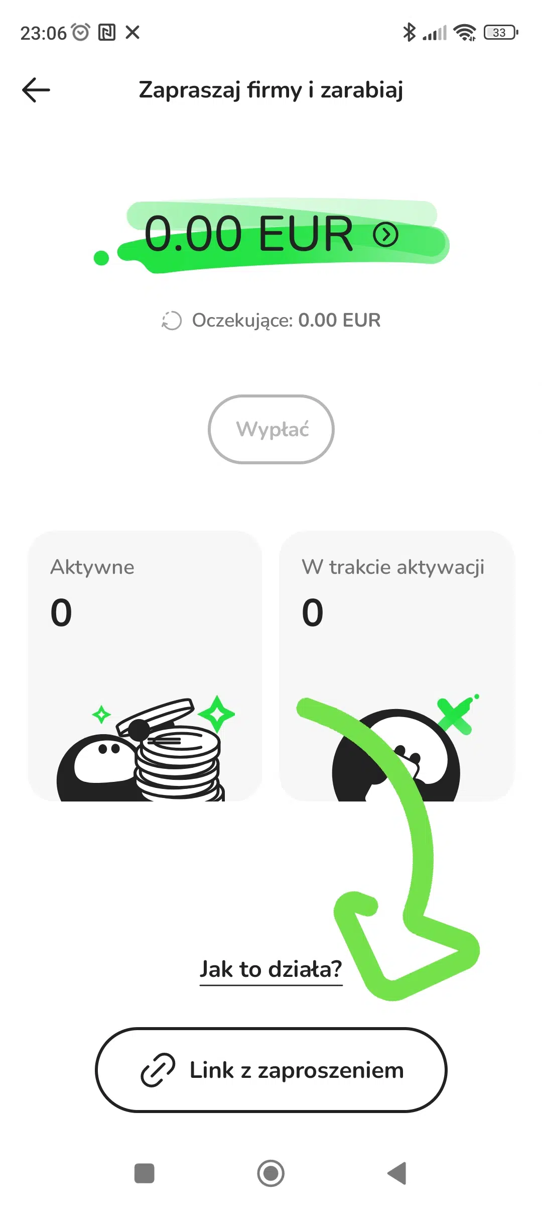 Zrzut ekranu z programu poleceń ZEN dla firm. Zielona strzałka wskazuje sekcję „Jak to działa?”, w której można sprawdzić zasady programu, a poniżej znajduje się przycisk „Link z zaproszeniem” służący do wygenerowania linku polecającego.