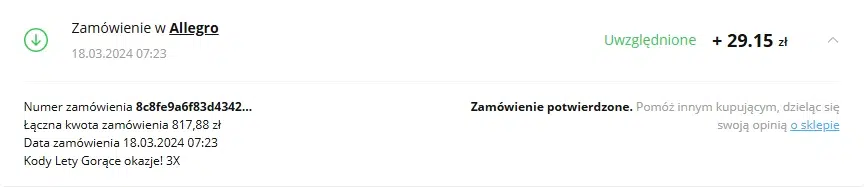 Potwierdzony cashback z Allegro w LetyShops – zwrot 29,15 zł za zamówienie o wartości 817,88 zł.