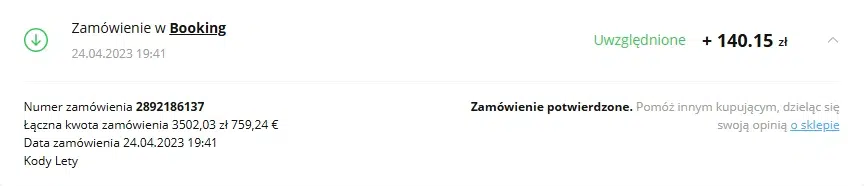 Potwierdzony cashback z Booking.com w LetyShops – zwrot 140,15 zł za rezerwację o wartości 3502,03 zł.