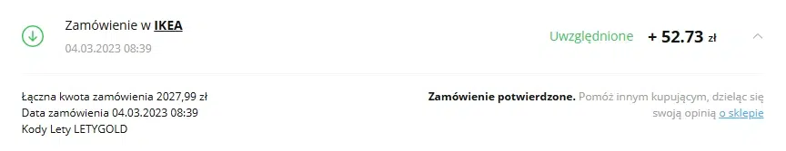 Potwierdzony cashback z IKEA w LetyShops – zwrot 52,73 zł za zamówienie o wartości 2027,99 zł (kod LetyGold).