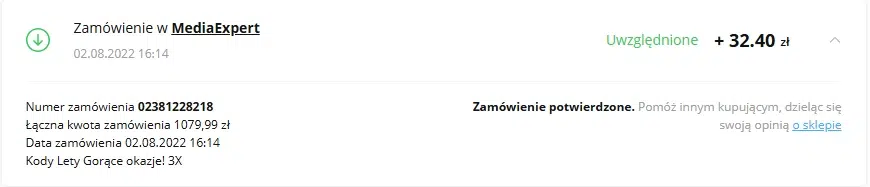 Potwierdzony cashback z MediaExpert w LetyShops – zwrot 32,40 zł za zamówienie o wartości 1079,99 zł.