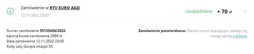 Potwierdzony cashback z RTV Euro AGD w LetyShops – zwrot 70 zł za zamówienie o wartości 2899 zł (promocja Lety Gorące okazje 5X).