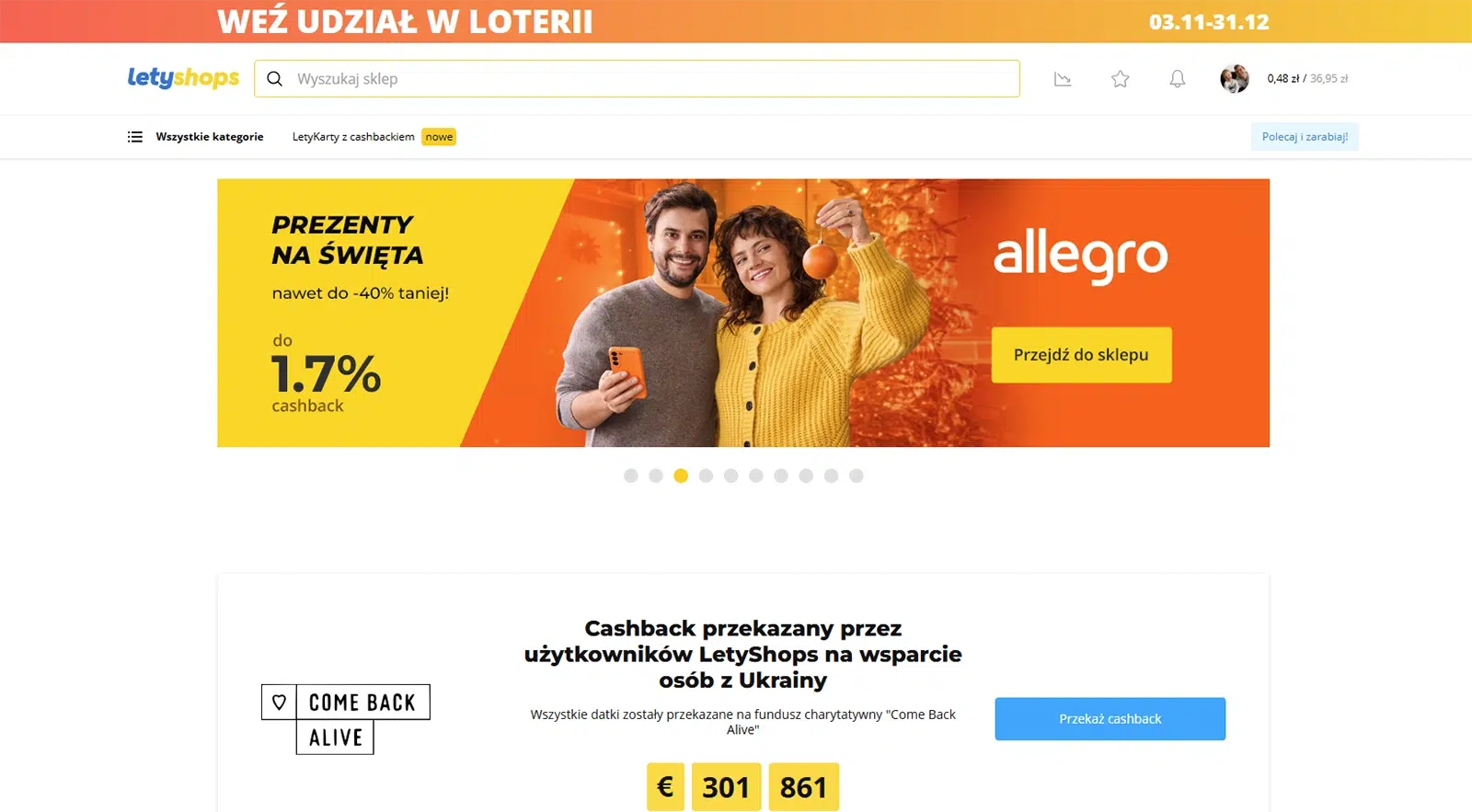 Strona główna LetyShops z promocją świąteczną Allegro, informacją o cashbacku do 1,7% oraz panelem przekazywania cashbacku na wsparcie Ukrainy.