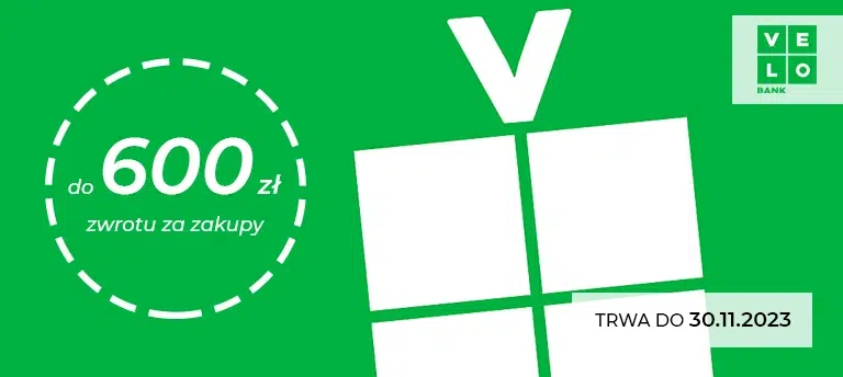 Promocja konta osobistego w Velobanku. Odbierz 600 zł premii za płatności kartą i blikiem. Promocja trwa do 30 listopada 2023.