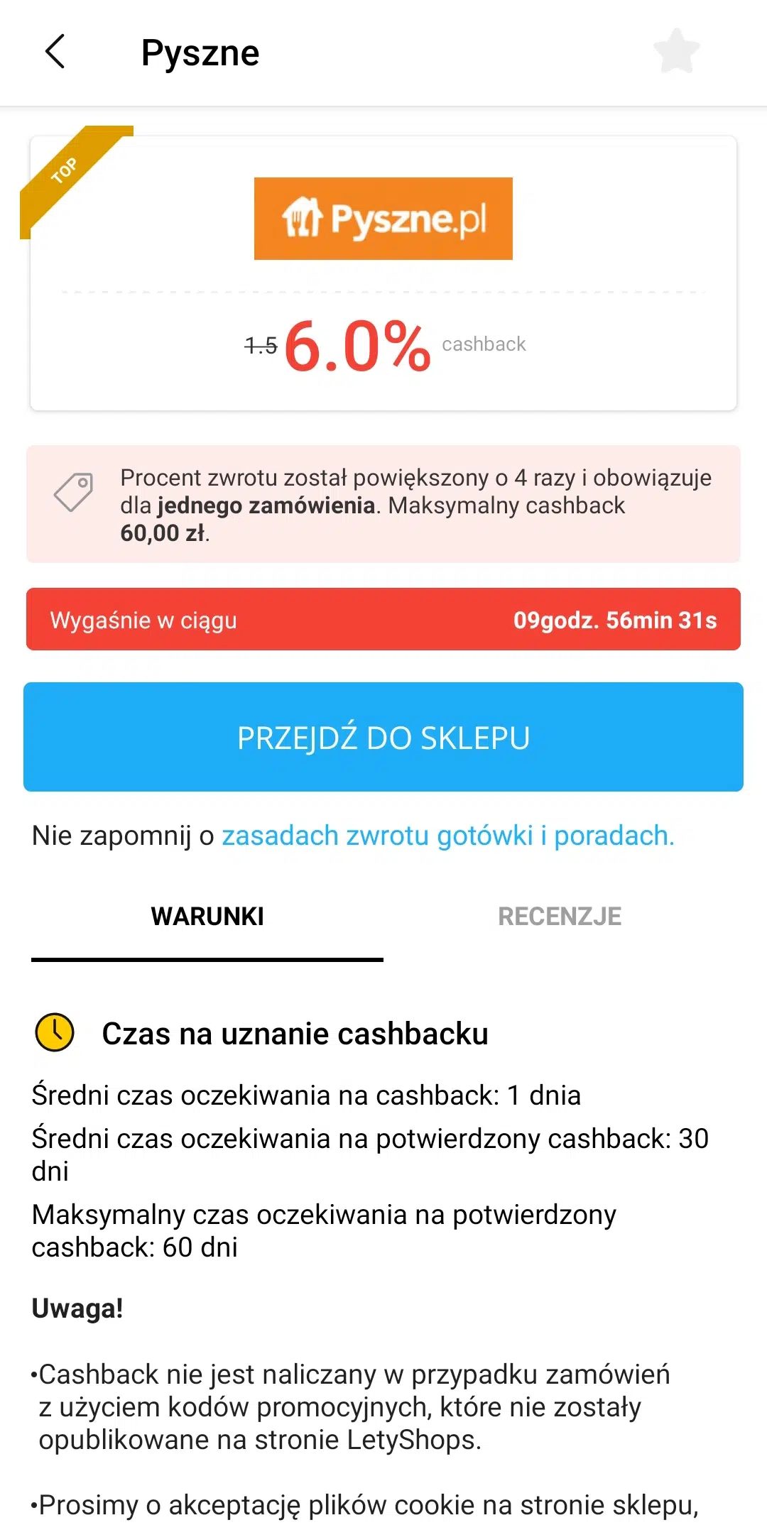 Przejście do Pyszne.pl z aplikacji Letyshops
