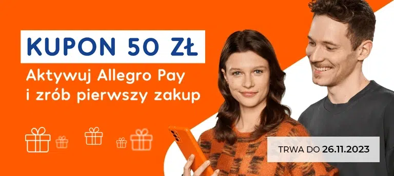 Aktywuj usługę Allegro Pay i odbierz kupon Allegro o wartości 50 zł. Promocja trwa do 26 listopada 2023.