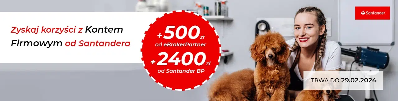 Otwórz konto firmowe Santander Bank Polska w akcji BONUS od partnera eBroker i odbierz nawet 2900 zł premii dla przedsiębiorcy. Promocja trwa do 29 lutego 2024.
