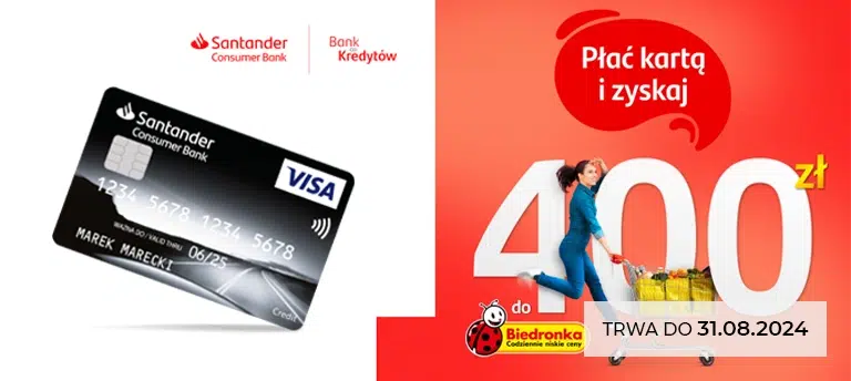 Złóż wniosek o Turbokartę od Santander Consumer Bank, aktywnie z niej korzystaj i obierz 400 zł do Biedronki oraz cashback 360 zł. Promocja trwa do 31 sierpnia 2024.