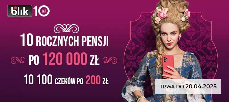 Wygrywaj w loterii Blikomania 2025! Do wygrania 10 rocznych pensji, każda po 120000 zł oraz czeki BLIK o wartości 200 zł. Loteria trwa do 20 kwietnia 2025 r.