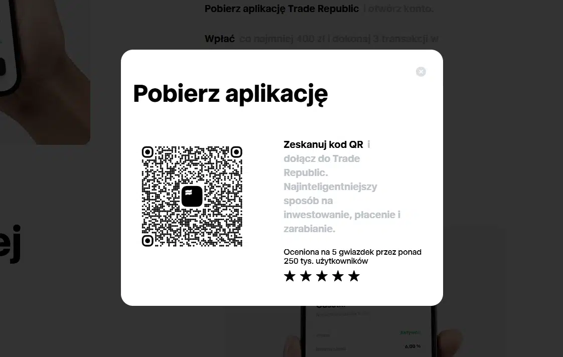 Okno pobierania aplikacji Trade Republic z kodem QR umożliwiającym instalację aplikacji mobilnej oraz informacją o wysokiej ocenie użytkowników.