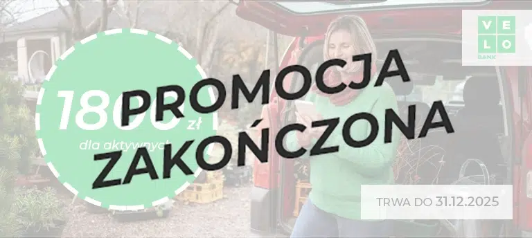 Otwórz konto firmowe w VeloBanku - VeloKonto Firma i zyskaj nawet 1800 zł za aktywne korzystanie z rachunku i innych usług bankowych. Promocja zakończona.