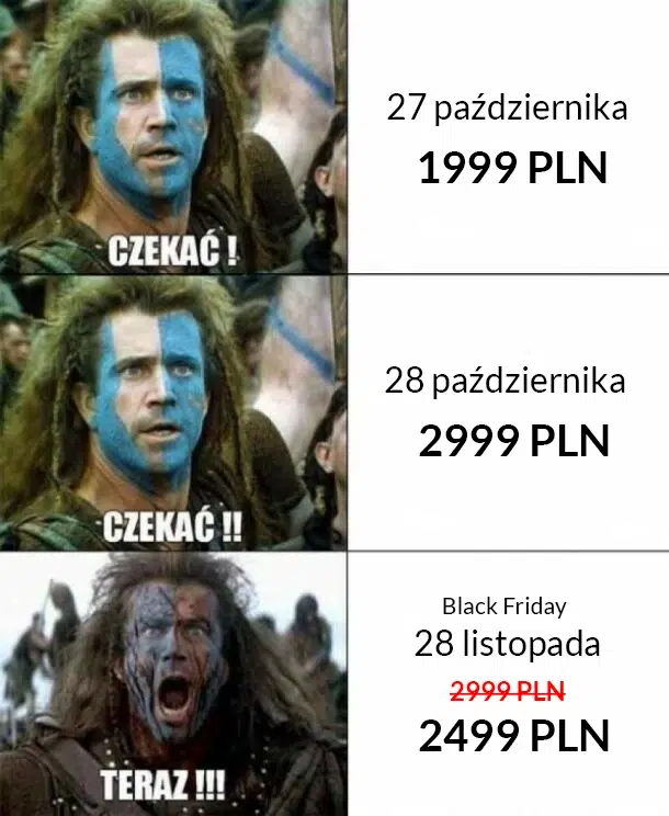 Mem z bohaterem z filmu Braveheart z hasłami "Czekać!" i "Teraz!!!" przedstawia satyrycznie sztuczne promocje cenowe. 27 października cena wynosi 1999 zł, 28 października rośnie do 2999 zł, a 28 listopada, w Black Friday, cena spada do 2499 zł, udając rabat.