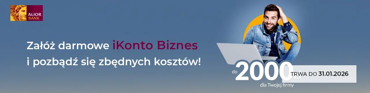 Otwórz konto firmowe w Alior Banku i zyskaj nawet 2000 zł moneyback, 300 zł na start oraz Kartę Podarunkową Allegro o wartości 600 zł. Promocja trwa do 31 stycznia 2026 r.