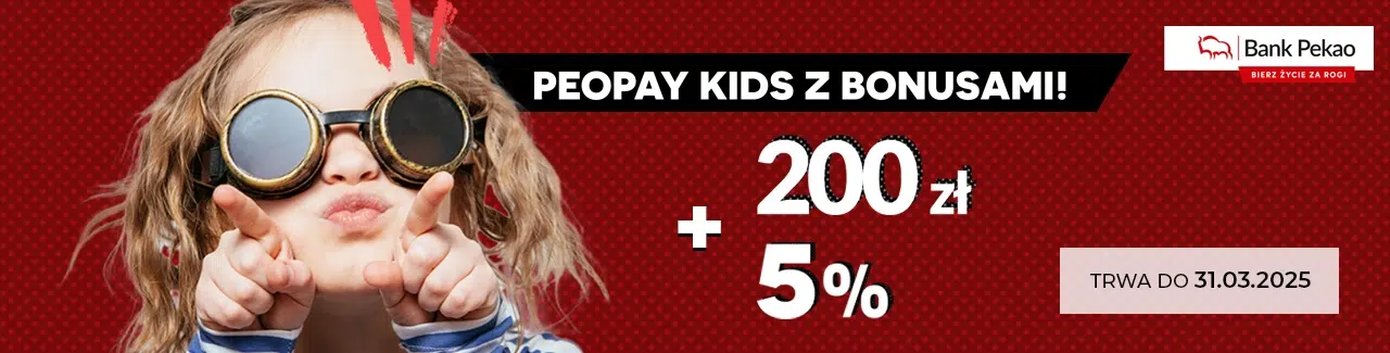 Otwórz konto Przekorzystne dla młodych dla dziecka lub nastolatka i odbierz 200 zł premii od banku Pekao. Promocja trwa tylko do 31 marca 2025 r.