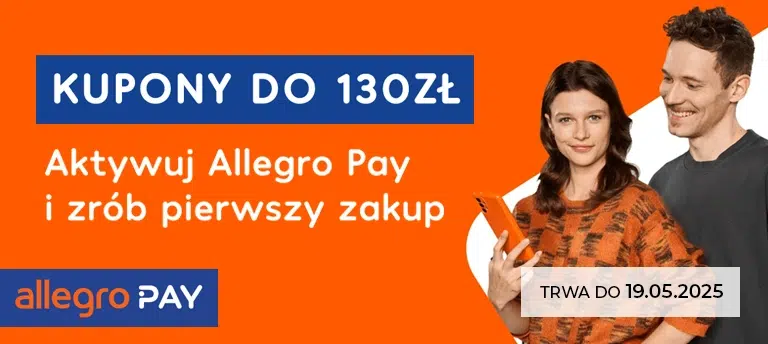 Promocja Allegro Pay – kupony do 130 zł za aktywację usługi i pierwszy zakup. Oferta ważna do 19.05.2025. Uśmiechnięta para trzymająca telefon, pomarańczowe tło i logo Allegro Pay.