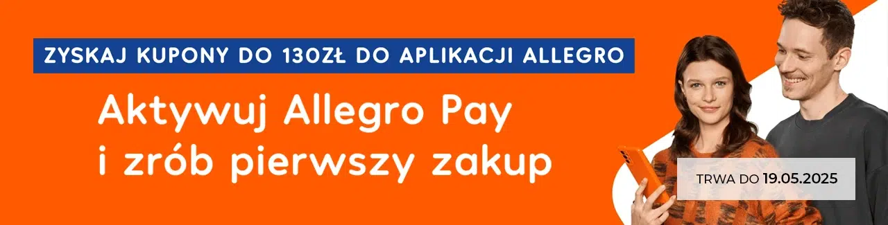 Promocja Allegro Pay – kupony do 130 zł za aktywację usługi i pierwszy zakup. Oferta ważna do 19.05.2025. Uśmiechnięta para trzymająca telefon, pomarańczowe tło i logo Allegro Pay.