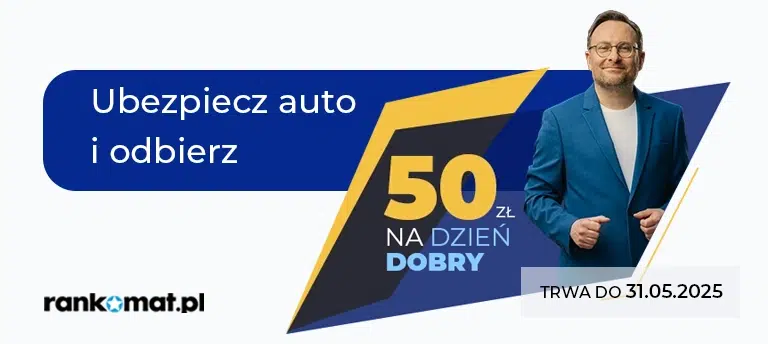 Promocja Rankomat.pl – ubezpiecz auto i odbierz 50 zł na dzień dobry. Oferta ważna do 31.05.2025. Mężczyzna w niebieskiej marynarce, logo Rankomat i dynamiczna grafika promocyjna.