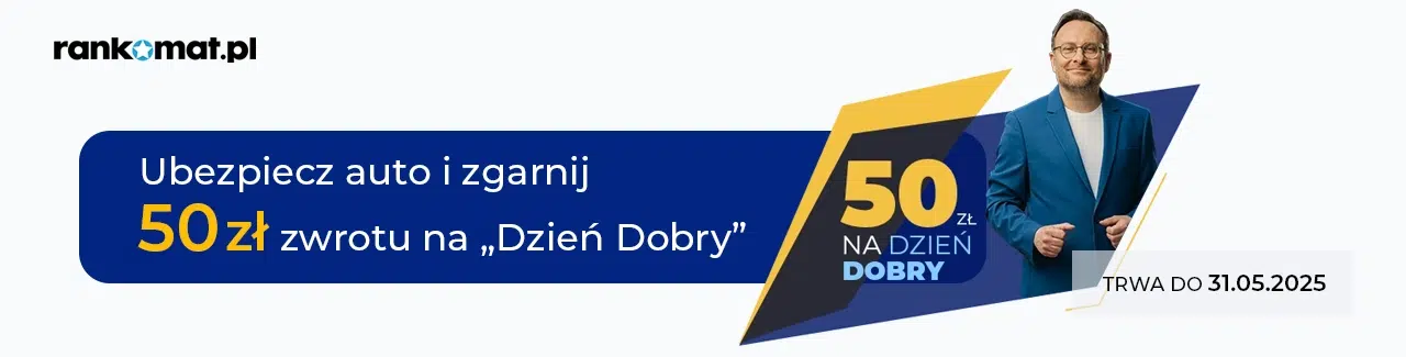 Promocja Rankomat.pl – ubezpiecz auto i odbierz 50 zł na dzień dobry. Oferta ważna do 31.05.2025. Mężczyzna w niebieskiej marynarce, logo Rankomat i dynamiczna grafika promocyjna.