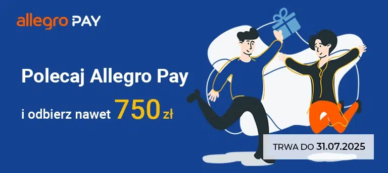 Baner promocji Allegro Pay – polecaj Allegro Pay i odbierz nawet 750 zł, oferta ważna do 31 lipca 2025.