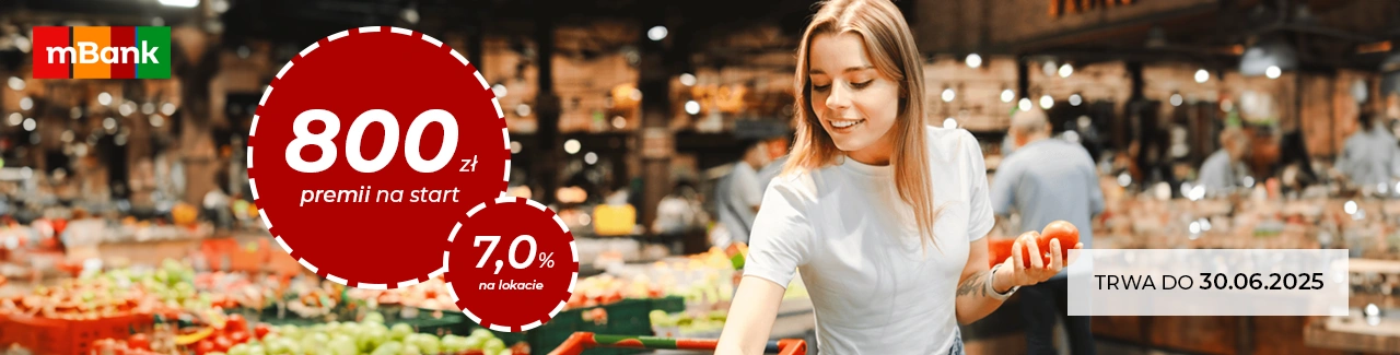 Promocja mBank – 800 zł premii na start i 7% na lokacie. Oferta ważna do 30.06.2025. Młoda kobieta wybiera warzywa w supermarkecie, logo mBank w prawym górnym rogu.