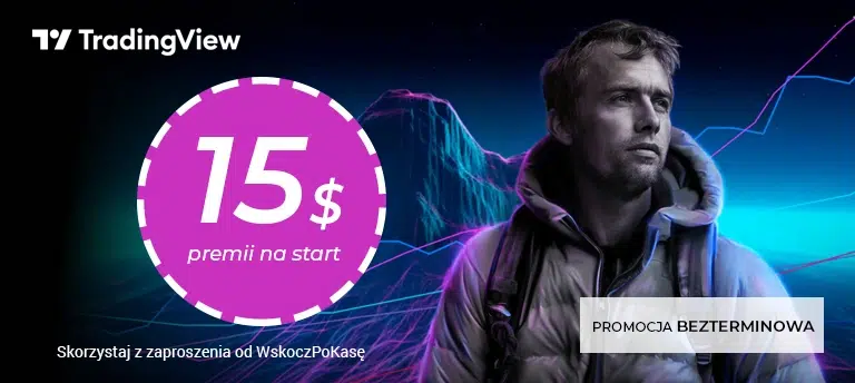 Mobilna grafika TradingView promująca 15 USD premii na start dla nowych użytkowników korzystających z zaproszenia WskoczPoKasę. Promocja jest bezterminowa.
