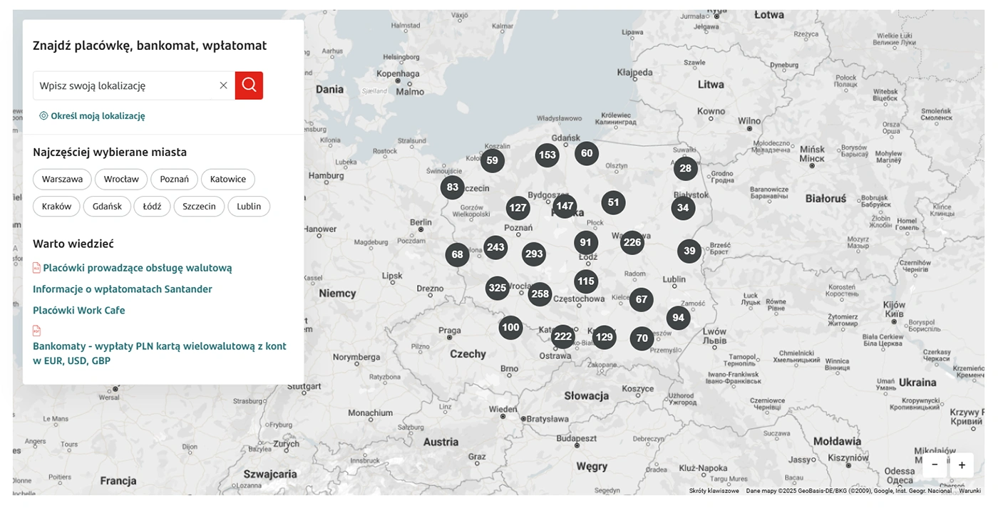 Placówki Santander Bank Polska - mapa.