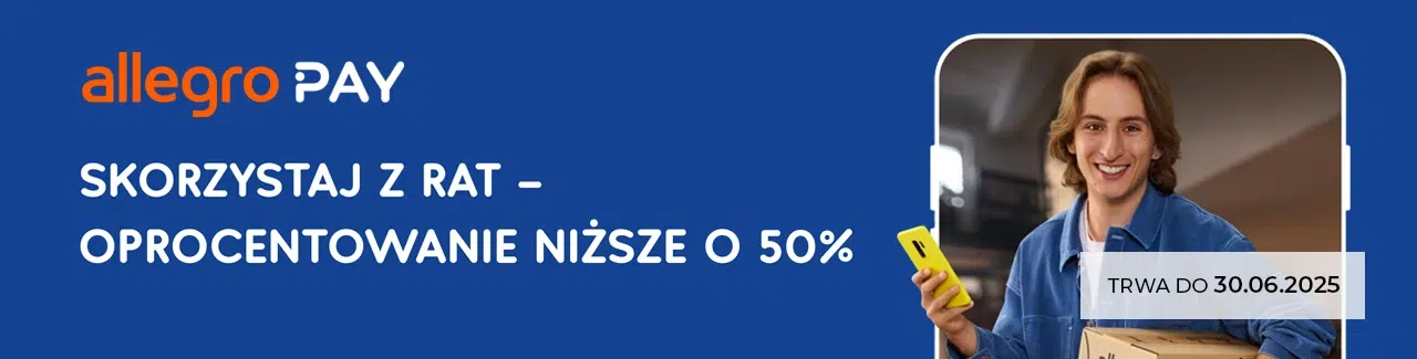 Allegro Pay – skorzystaj z rat i odbierz oprocentowanie niższe o 50%. Promocja trwa do 30.06.2025. Uśmiechnięty mężczyzna z paczką Allegro i smartfonem na niebieskim tle.
