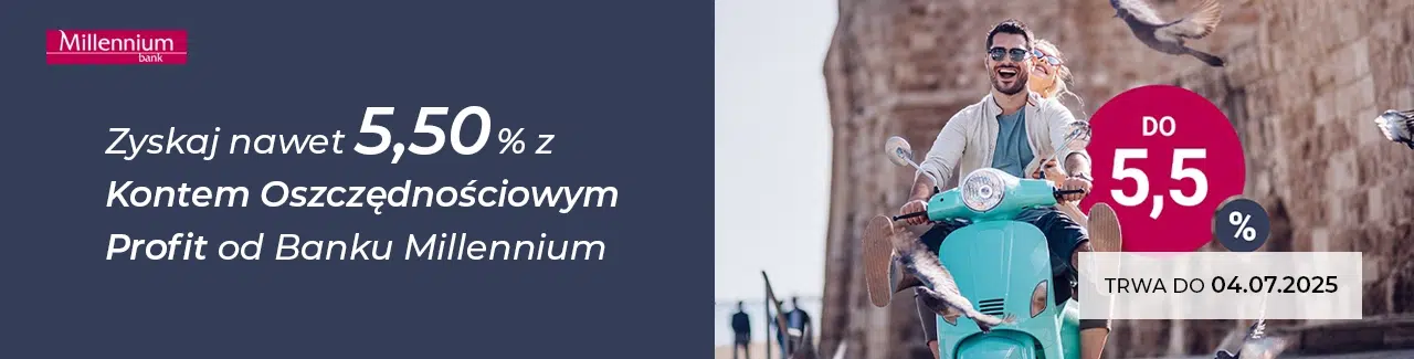 Millennium Bank – promocja konta oszczędnościowego z oprocentowaniem do 5,5%. Oferta ważna do 04.07.2025. Uśmiechnięta para na turkusowym skuterze wśród gołębi, logo Millennium w lewym górnym rogu.