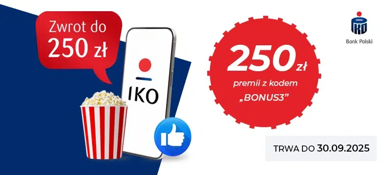 Promocja PKO Bank Polski Konto dla młodych — 250 zł premii z kodem BONUS3, oferta ważna do 30.09.2025 r.